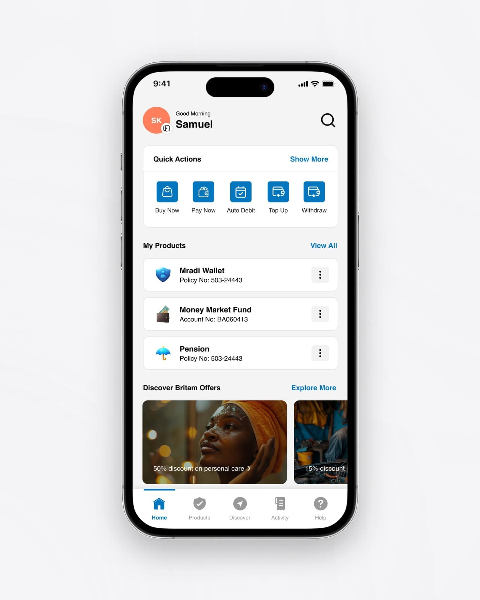 Britam's home screen on a phone